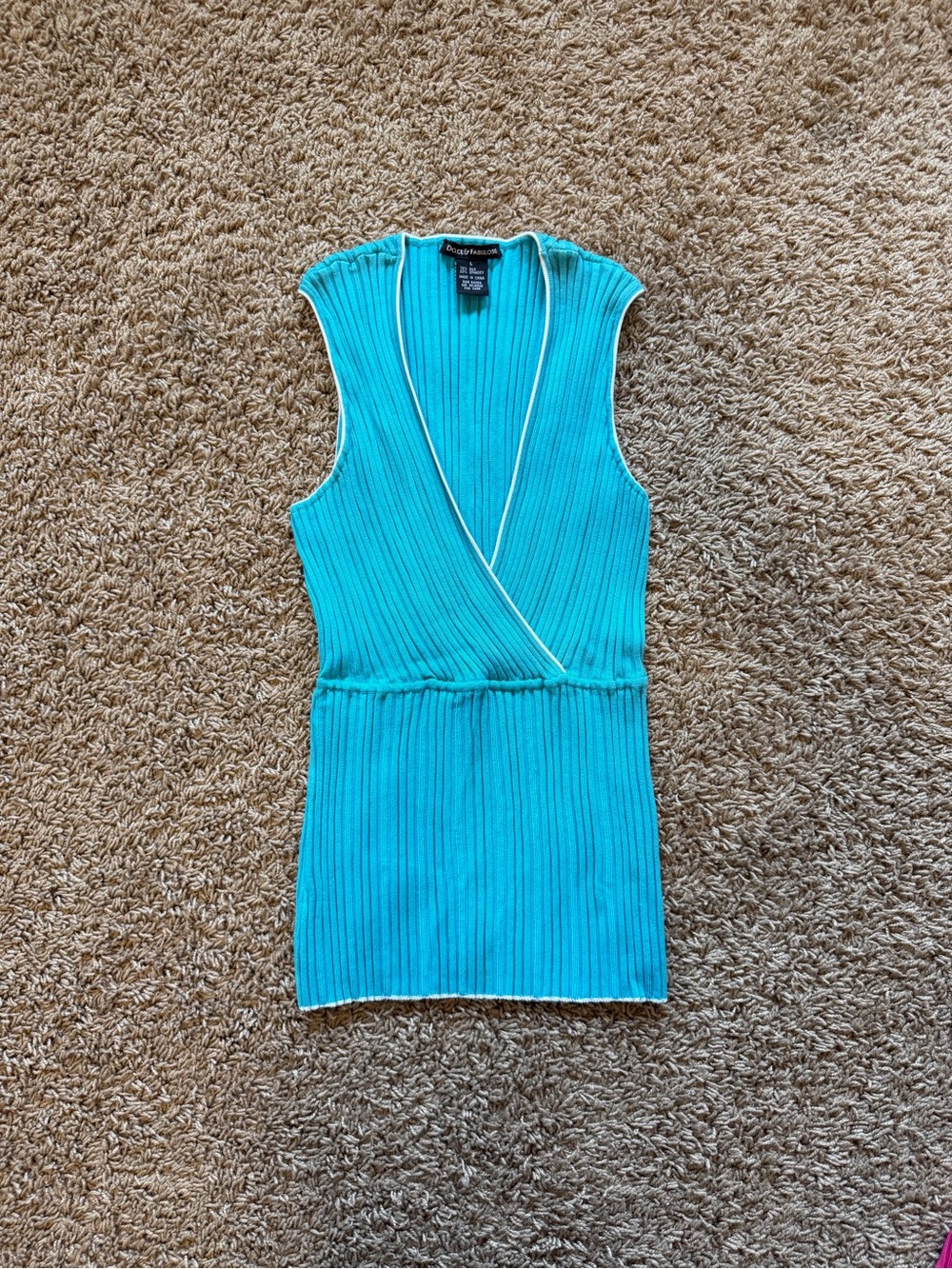 Ribbed Blue Silk Sleeveless Top With White Trim